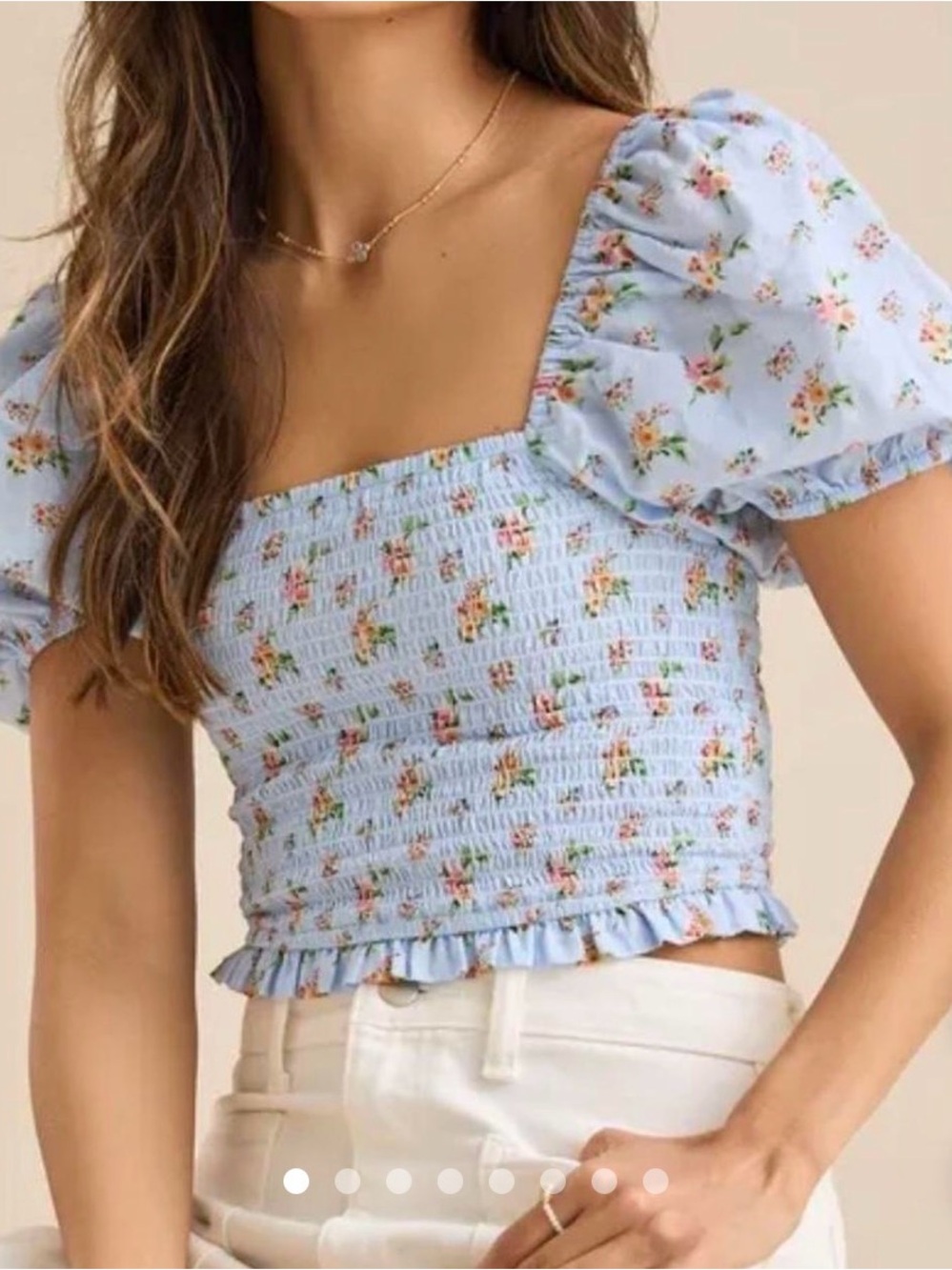 Altar'd State Light Blue Floral Smocked Puff-Sleeve Crop Top
